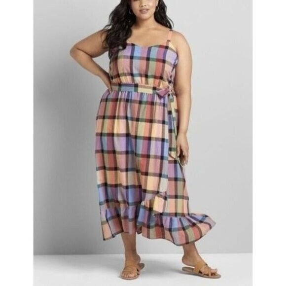 Lane Bryant Pastel Rainbow Plaid Adjustable Strap Ruffle Hem Maxi Dress 20 - Picture 6 of 6